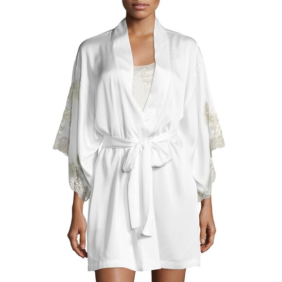 NWT New Designer Natori Short Wrap Robe Womens L Silky Satin Flowers White Lace - Picture 1 of 8
